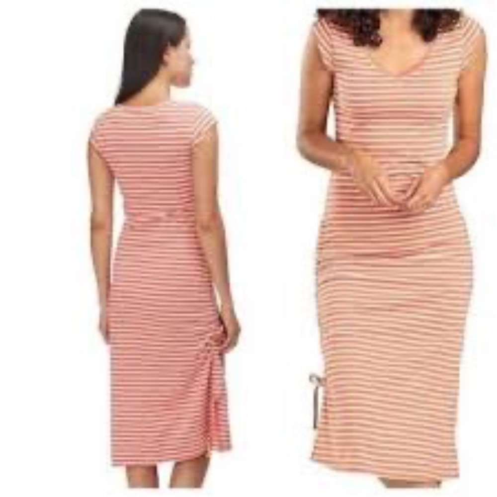 Toad & Co. Muse Salmon/White Ruched Side V-Neck Midi Dress Sz M
